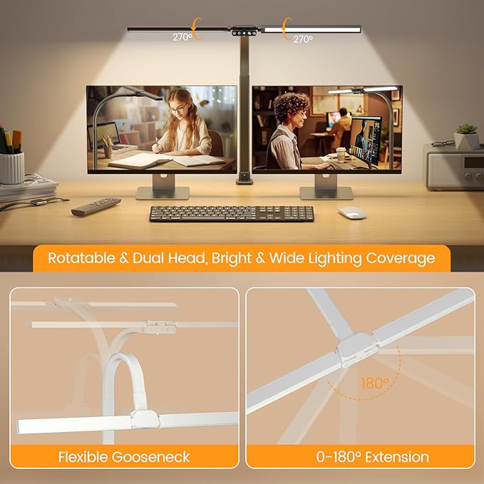 SIBRILLE Upgraded LED Desk Lamp for Home Office with RGB, Rotatable Computer Desk Light with Remote, Eye Caring Table Lamp with Clamp, Dimmable Dual Head Desk Lighting for Desktop, 22W, White