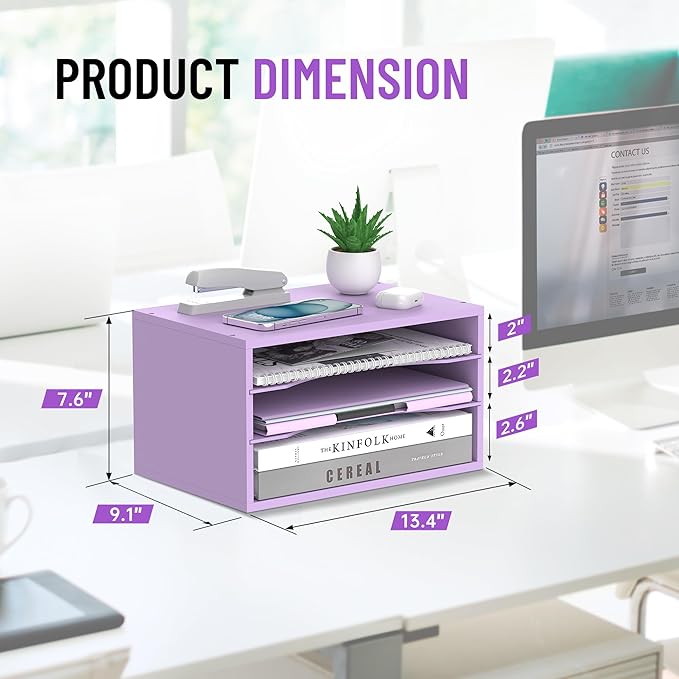 SHARKWOODS Wood Desk Organizer, 3 Tier Paper Tray Organizer for Desk with Adjustable Storage Shelves, Desktop File Organization Paper Sorter Mail Holder for Office Home Classroom, Purple