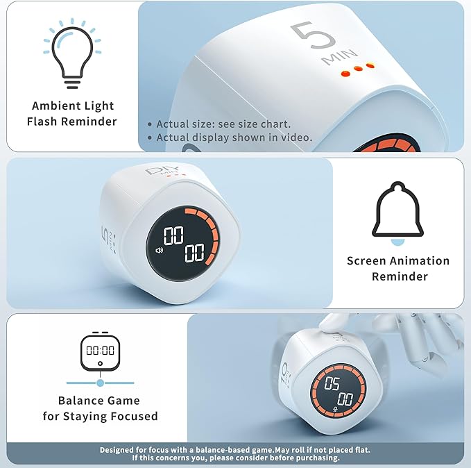 VEWINGL Cube Productivity Timer, 5/10/25/DIY Min Presets + Count-Up Mode, Time Display & Alarm Clock, Sound/Vibrate/Silent Alerts, Pause & Resume, Desk Timer for Work, Study, Kitchen (White)