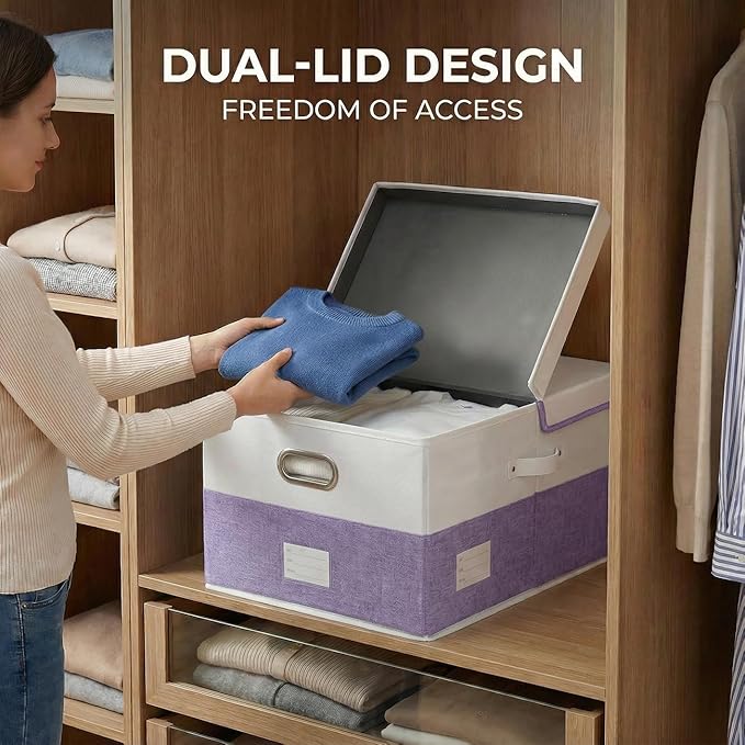PRANDOM Storage Bins with Lids [3-Pack] Linen Fabric Foldable Storage Boxes Organizer Containers Baskets Cube with Cover for Bedroom Closet Office White&Purple (23.4X15.9X11.4)