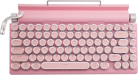Adventurers Typewriter-Style Retro Mechanical Keyboard LED Backlight 83 Keys Bluetooth 5.0 Blue Axis Pink Color Panel Compatible with iOS/Android/Windows/Vista/Linux/Mac Office/Gaming, 12.3x6.6x1.6in