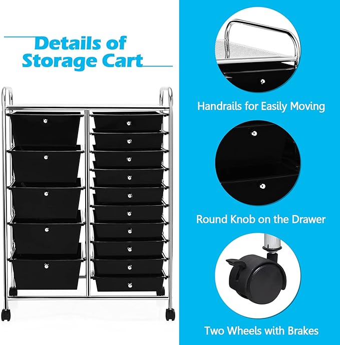 GOFLAME 15-Drawer Rolling Storage Cart, Craft Storage Cart with Removable Drawers & Lockable Wheels, Art Cart Supply Storage Organizer for Home Office Classroom, Black