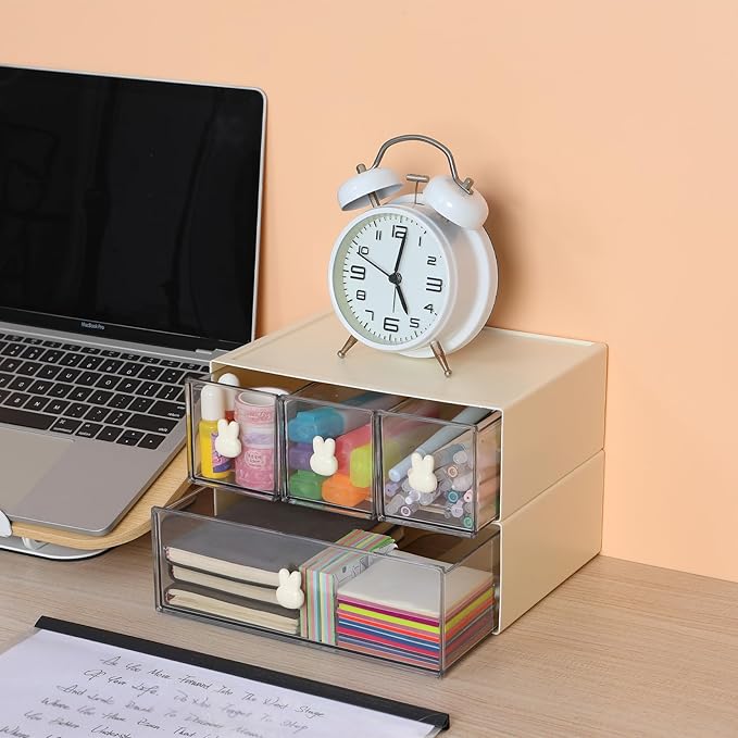 OSteed Desktop Drawers, Desk Organizer with 3 Drawers & Bunny Handles, Stackable Plastic Storage Box for Home Collection, Cosmetics, Office Supplies (1 Tall Layer, Cream & Clear)