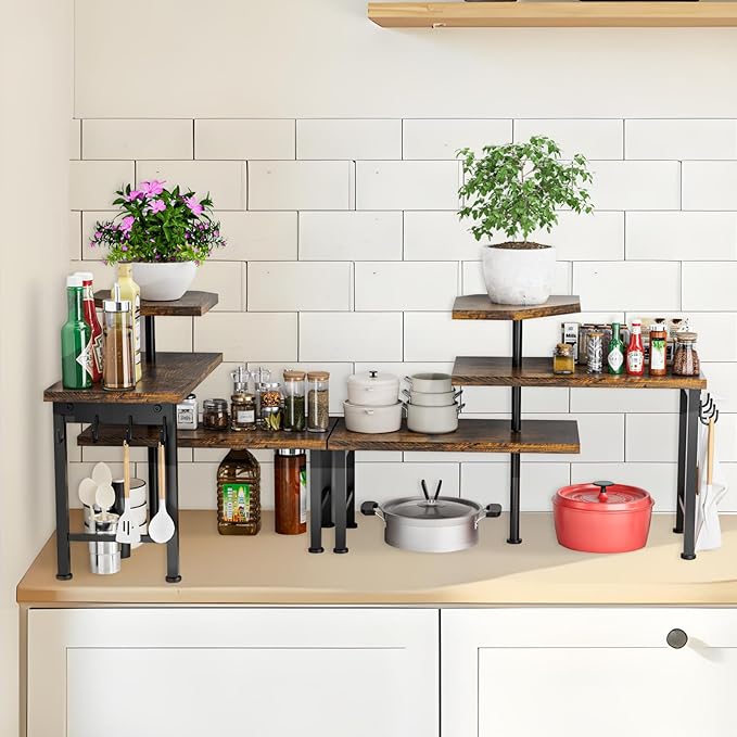 Uniqcovosa Kitchen Countertop Organizer, 3 Tier Moveable Corner Shelf Kitchen Shelf with Hook, Countertop Organizer for Bathroom, Spice Rack, Bookshelf, Coffee Area, Dresser Table (Brown)