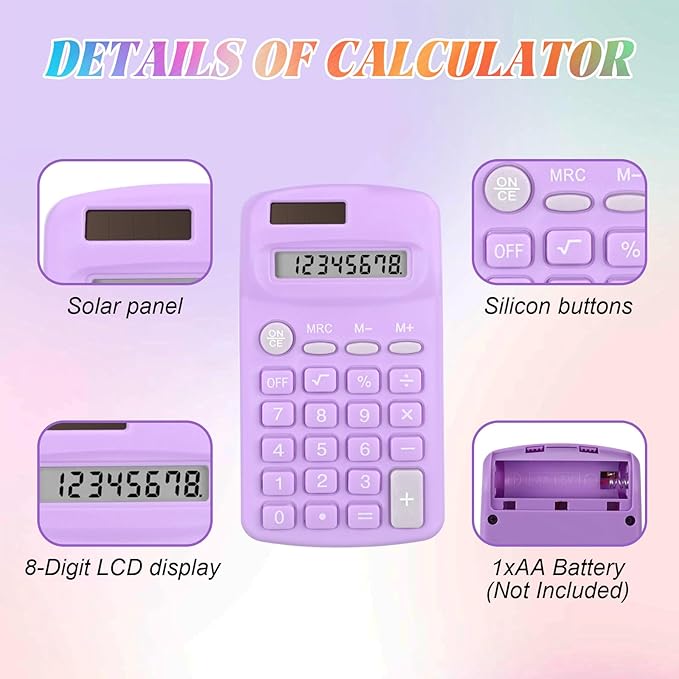 Tellegloww 36 Pcs Pocket Size Basic Calculators Bulk for Classroom Solar Battery Dual Power Display Calculator 8 Digit Colored Basic Calculator for Kids Student School Office
