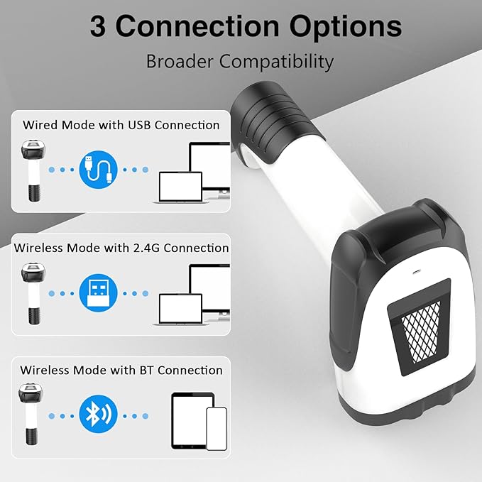 Laser Wireless Handheld Barcode Reader with Stand Bluetooth & 2.4Ghz and USB Wired 3 in 1 Working 1800mAh for Computer POS, Handheld 1D Bar Code Reader for Warehouse Library Supermarket
