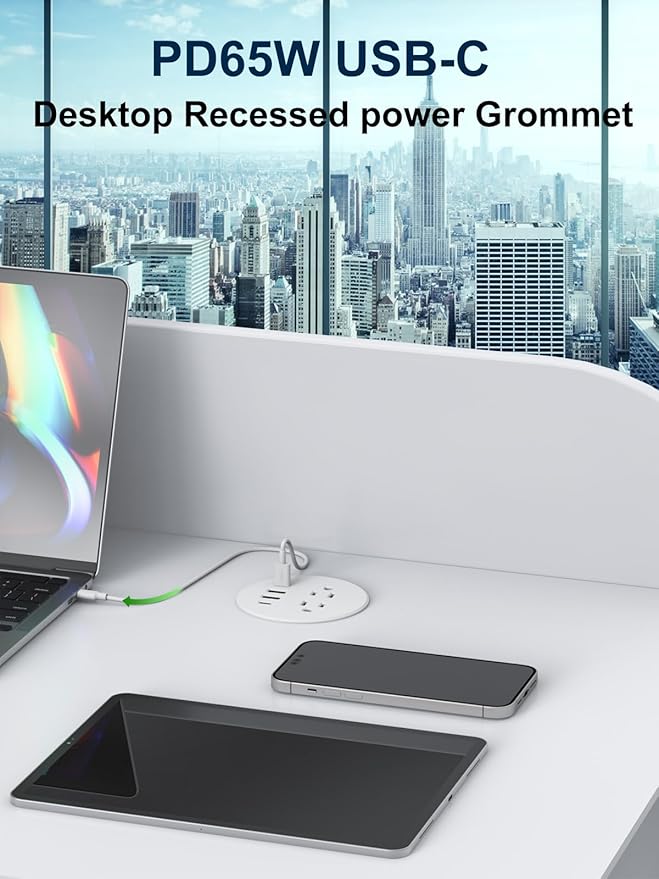 Recessed Power Grommet 3 inch With 65W USB C Ports 2 AC Outlets,Recessed Outlet Fast Charging Station,Desk Hole Grommet Outlets,Round Desktop Power Grommet Outlet for Office,Home (White, 65W USB Port)