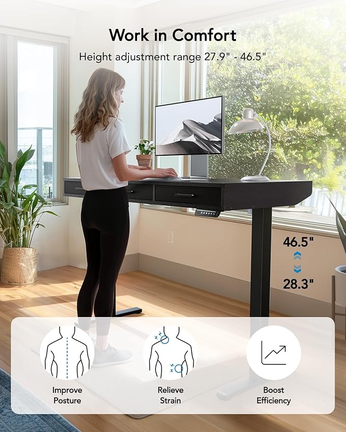 HUANUO Electric Standing Desk with Drawers, C-Clamp Mount Compatible, 48 x 24 Inch Height Adjustable Sit Stand Desk, Fabric Drawers, Home Office Stand Up Desk with 4 Custom Height Settings, Black