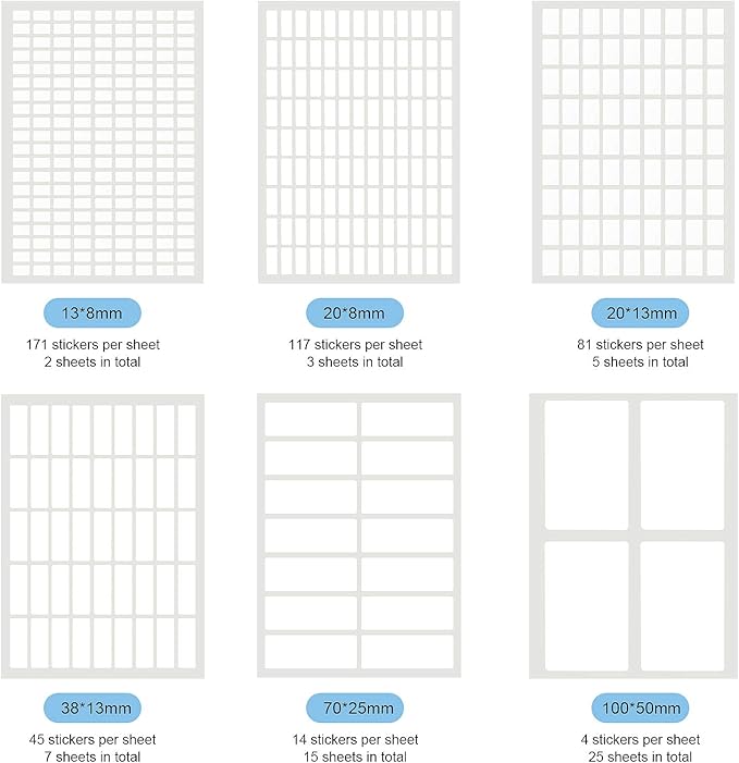 1723 Pieces Matte Labels Sticker Removable Rectangular Labels Writable Blank Adhesive Labels for Labeling and Organizing Small Items 6 Sizes Combination (White)