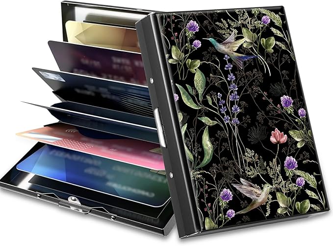 BWEGRHE Slim Credit Card Holder, Wild Flower Hummingbird RFID Blocking Metal Wallet for Men & Women, Aluminum Minimalist Hard Case Pocket-Sized Business Cards Organizer (Fits Up to 10 Cards)