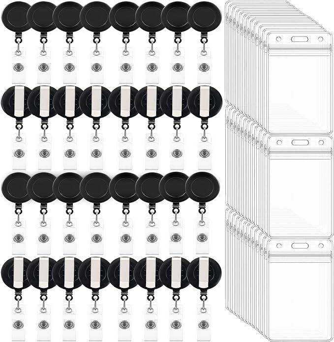 100 Pack Retractable Badge Reel Clips with 100 Pack Vertical ID Card Holders Retractable Badge Holders with Clip ID Badge Clips with Name Card Holder for Nurses Office School,Black