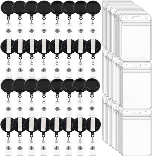100 Pack Retractable Badge Reel Clips with 100 Pack Vertical ID Card Holders Retractable Badge Holders with Clip ID Badge Clips with Name Card Holder for Nurses Office School,Black