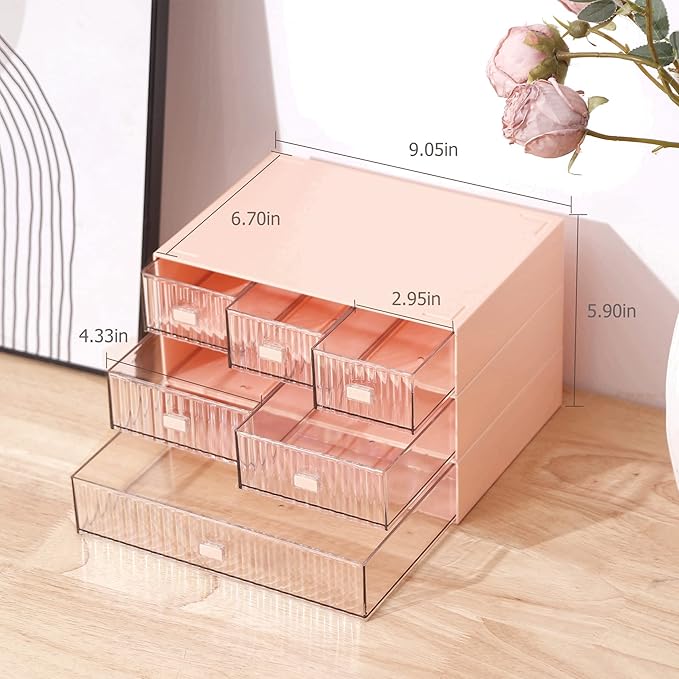 Ykpokir Desktop Organizer with Drawers - Stackable 3 Tier Desk Storage, Plastic Makeup Storage Accessories, Pink