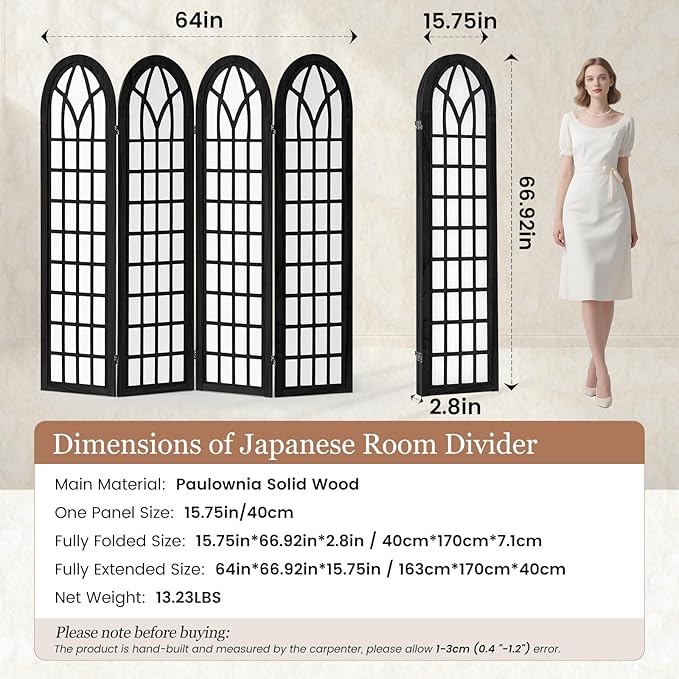Asnefeli Room Divider 4 Panel, Japanese Shoji Privacy Screen for Bedroom Home Office Separation, Folding Wood Partition Wall, 5.6 Ft Black Decor