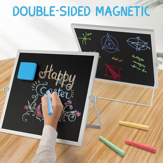 Small Magnetic Chalk Board 10"X10", Desktop Standing/Wall Hanging Chalkboard with 4 Chalks & 1 Eraser, Tabletop Double-Sided Portable Mini Black Board Easel for Office Desk Home School
