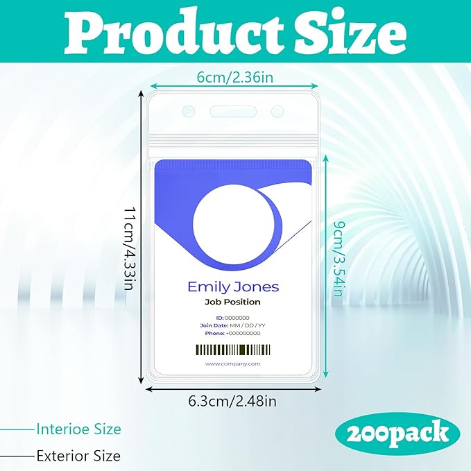 200Pcs Badge Holder Plastic ID Badge Holder Clear Vertical ID Card Holder 2.5" x 4.5" Waterproof Name Badge Holders for ID Card/Credit Card/Student Card