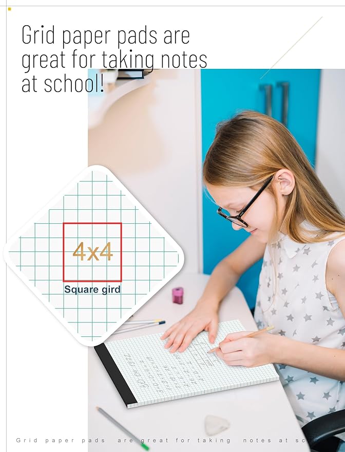 Zaviko Graph Paper Pads 8.5 x 11, 8 Pack, 4x4 Quad Grid Paper Pad 8-1/2" x 11", White Quadrille Pad, Easy Tears Off Design, Grid Notebook 8-1/2 x 11, White 70 GSM Graft Paper, 30 Sheets/Pad