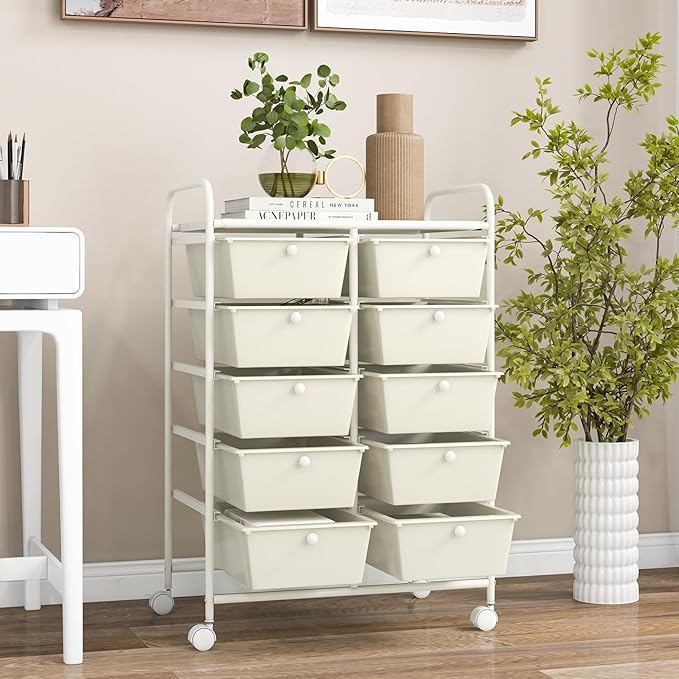 GOFLAME 10-Drawer Rolling Storage Cart, Art Craft Storage Organizer on Wheels, Multipurpose Movable Utility Cart for School, Office and Home, Ivory
