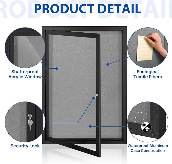 S SWANCROWN Outdoor Bulletin Board Weatherproof 36x24in, Enclosed Bulletin Board Wall Display Case Grey Felt Board for Office School Commerce,Black Aluminum Frame