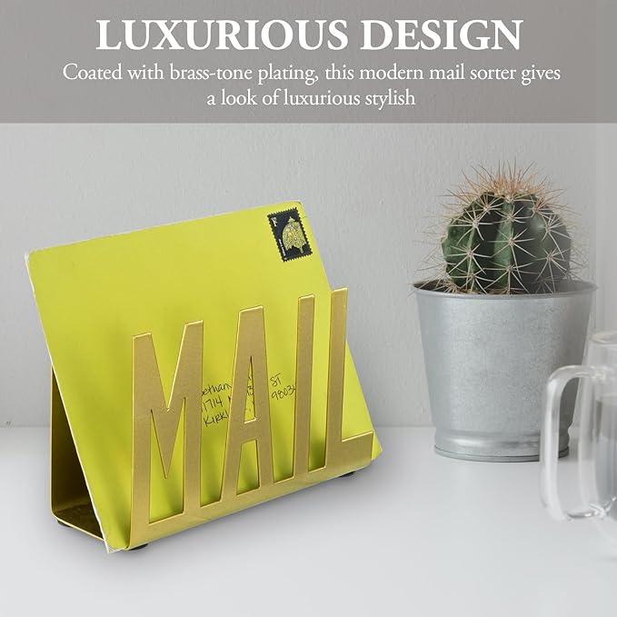 MyGift Mail Holder Organizer Countertop Modern Golden Metal with Cutout MAIL Lettering Design, Office Desktop Envelope and Document Storage Rack
