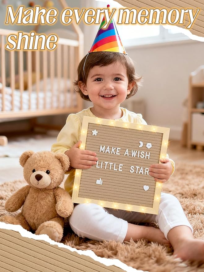 Changeable Felt Letter Board with LED Lights - 10×10" Message Custom Signs & Wood Stand & 450 Letters, Poster Board for Valentine's Day/Baby/Pregnancy Announcement/Classroom Wall Decor Gifts, Camel