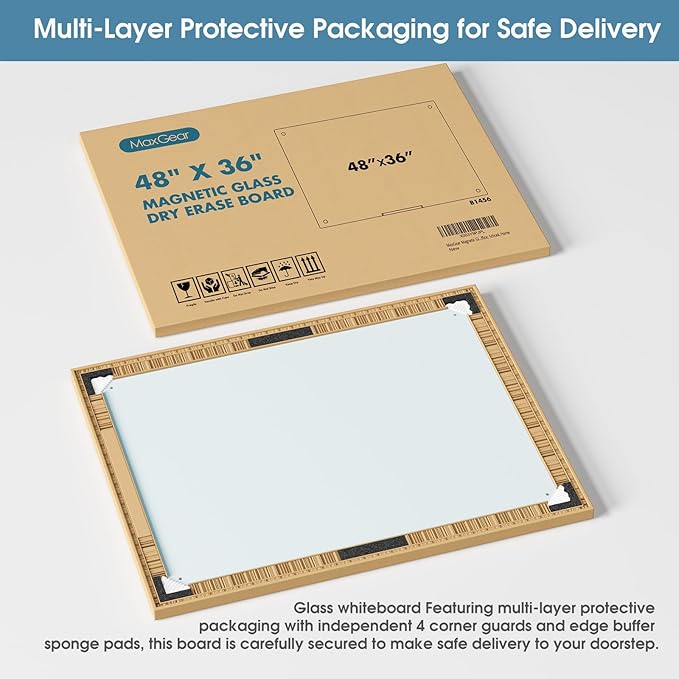 MaxGear Glass Whiteboard, Tempered Magnetic Dry Erase Board 48 x 36 Inch, Frameless Wall Mounted, Office Classroom Conference Room Home Use, Includes Markers, Eraser, Magnets & Mounting Kit
