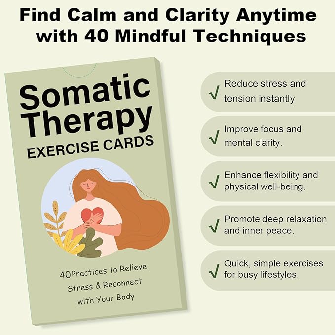 Somatic Therapy Exercise Cards - 40 Mindfulness Cards with Simple Practices, Coping Skills for Nervous System Regulation to Relieve Stress, Trauma Release and Reconnect with Your Body - 3.9”x5.9”