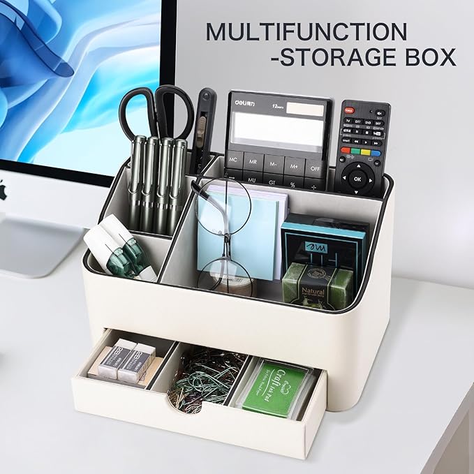 KINGFOM PU Leather Desk Organizer with Drawer, 5 Compartments Desktop Storage Caddy for Office Home Supplies, Pen Holder for Remote Control, Phone & Accessories, Mail Organizer Countertop Ivory White