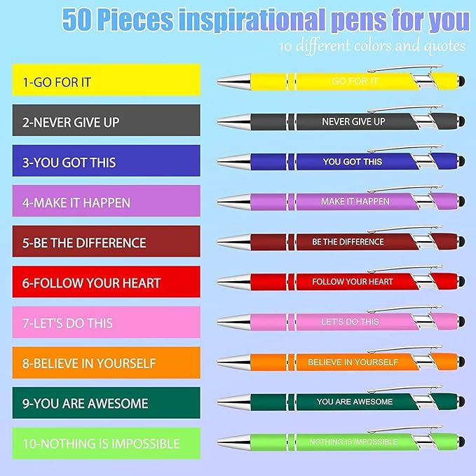 Greengines 50 Pieces Inspirational Pens, Motivational Ballpoint Pen with Stylus Tip Funny Ink Pens Bulk Inspirational Gifts for Women Coworkers Office Supplies Black Ink