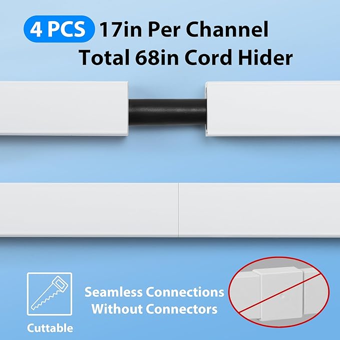 Cord Hider Wall for One Cord 136in, ZhiYo Cord Covers for Wires on Wall, Easy Install Cable Cover Wall, Black Cable Raceway Hide Cords, Cable Hider Cord Management Wall, 8X L17in, W0.6in H0.4in