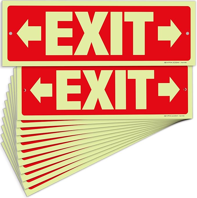 iSYFIX Exit Signs with Directional Right & Left Arrow - 12 Pack 12x4 Inch Glow in the Dark for Business, School, Office, Warehouse - Durable 40 Mil Polystyrene, UV Laminated, Waterproof, Scratch & Fade Resistant