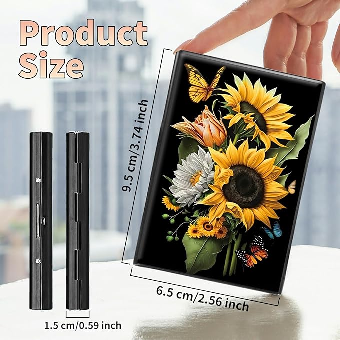 BWEGRHE Slim Credit Card Holder, Sunflowers Butterfly RFID Blocking Metal Wallet for Men & Women, Aluminum Minimalist Hard Case Pocket-Sized Business Cards Organizer (Fits Up to 10 Cards)