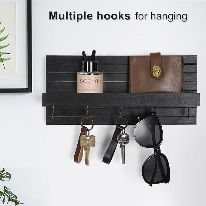 Lwenki Decorative Key Holder for Wall with Shelf, Entryway Shelf with Hooks Holds Leashes, Jackets and Glasses – Sturdy Wood Keyholder Entrance Hanger with Mounting Hardware (Black, Medium)