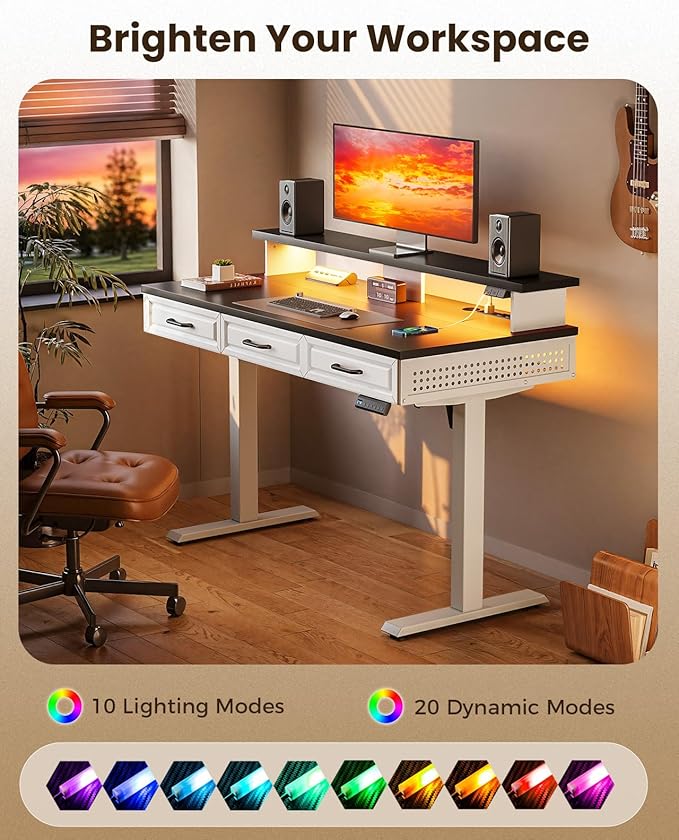 OffiGo Electric Standing Desk with 3 Wooden Drawers, 48 Inch Height Adjustable Desk with Power Outlets & LED Lights, Black and White Sit Stand Table with Monitor Stand for Home, Office, Workstation