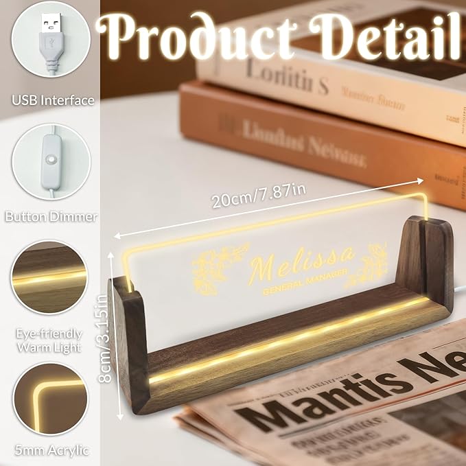Personalized Acrylic Light Up Name Plate for Desk Custom Desk Name Plate Sign with Warm LED Light & Wooden Base Customized Office Accessories for Boss Teacher Employee