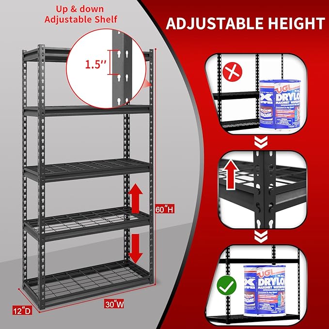 Shuntong The Atlas 30" W x 12" D x 60" H Adjustable Garage Storage Shelves Load 2500 lbs, 5 Tier Heavy Duty Shelving Unit, Metal Utility Storage Rack for Warehouse Pantry Basement Kitchen, Black
