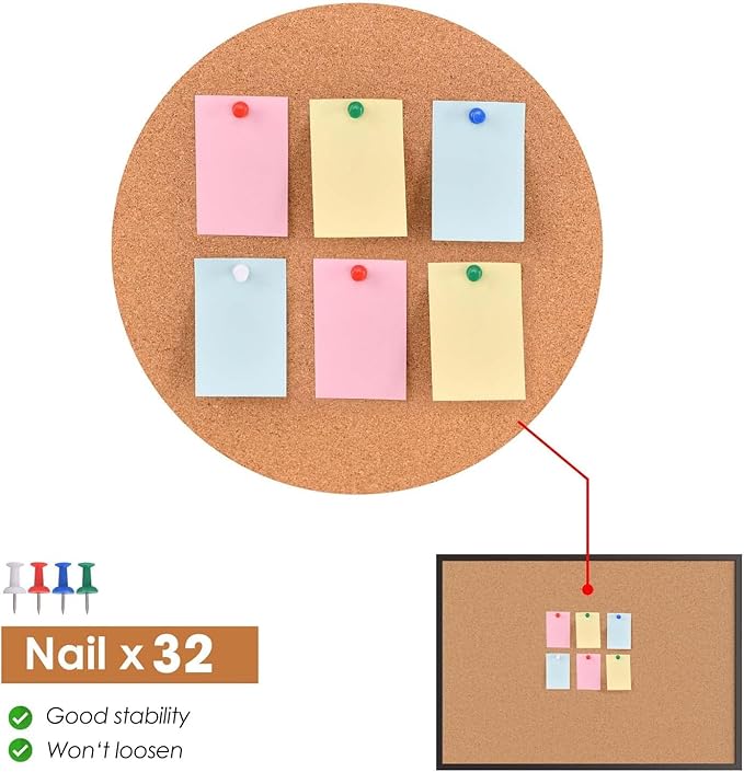 Board2by 2-Pack Cork Board Bulletin Board 24 x 36, Black Wood Framed 2x3 Corkboard, Office Board for Wall Cork, Large Wall Mounted Notice Pin Board with 32 Push Pins for School, Home & Office