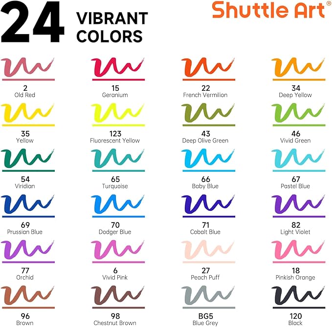 Shuttle Art Brush Tip Alcohol Markers, Dual Tip Brush & Fine Tip Art Marker Set, 24 Colors Marker Pens with Case Perfect for Illustration Kids Students Adults Coloring Sketching