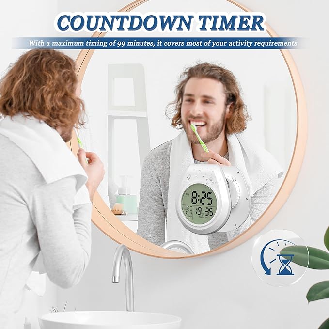 USAOSHOP Bathroom Clock Waterproof Shower Timer, Digital Wall Clock with Countdown, Temperature Display, Calendar, Suction Cup Hanging Hole, for Kids and Adults, White