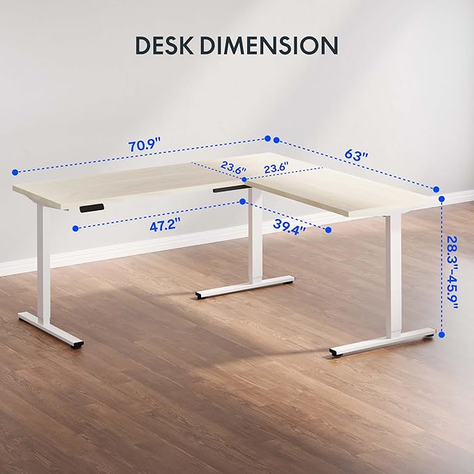 FLEXISPOT L Shaped Standing Desk, 71 x 63 Inch Electric Height Adjustable Corner Desk, Sit Stand Computer Workstation, Preset Controller, Home Office, White Frame with Maple Top, White Drawer