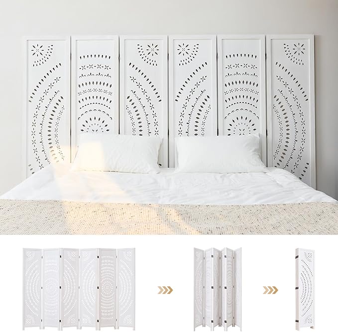 66.9Inch Folding Room Divider, 6 Panels Wood Carved Privacy Screens, Free Assembled Freestanding Partition for Home Office Restaurant Bedroom (White-Washed)