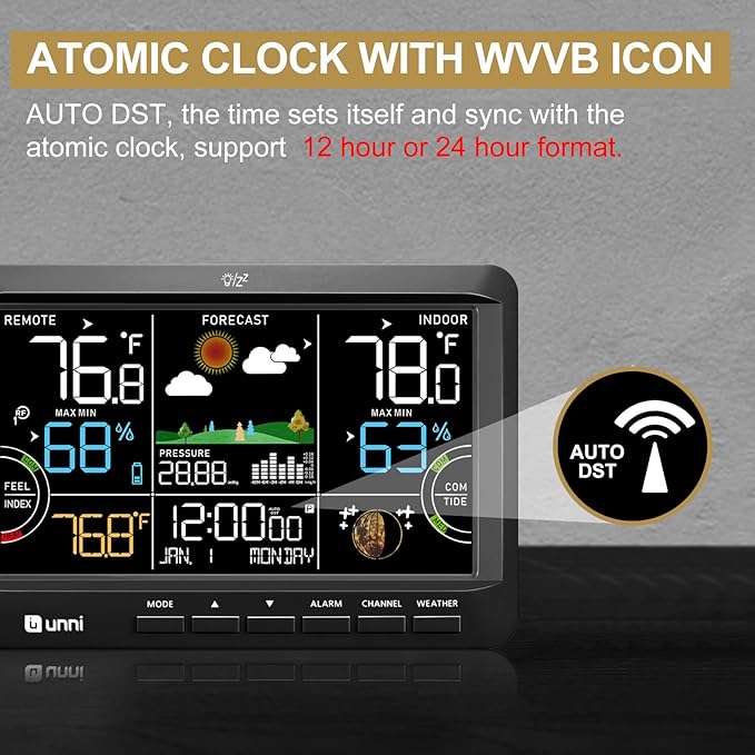 Weather Station Indoor Outdoor Thermometer Wireless, Home Atomic Clock with Large Constant Display, Inside Outside Temperature Humidity Monitor, Dew Heat Point, Barometer Black