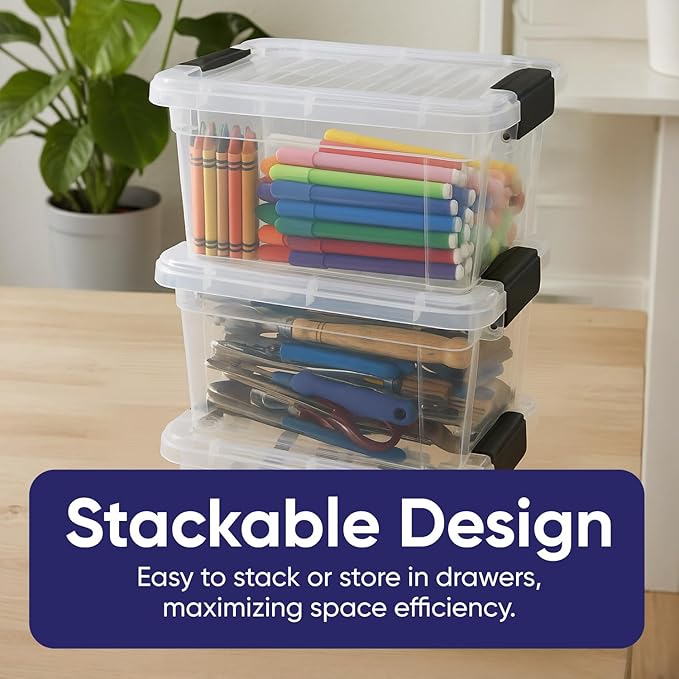 Superio Mini Storage Container Plastic Crayon Box Art Supplies and Sewing Case Stackable Clear Small Organizer for Beads, Stationery, Chalk, and Food, 1.4 Quart, 2 Pack