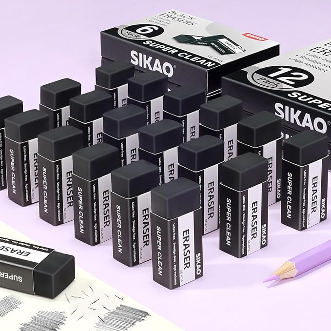 Black Erasers, 6 Pack Block Pencil Erasers – Smudge-Free Latex-Free Art Erasers for Kids & Adults Artists, Clean Erase for School, Homework, Office & Drawing