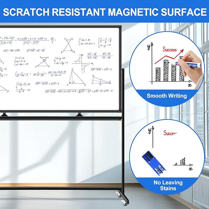 Max-officoo 4'x8' Large Dry Erase White Board with Rolling Stand 96"x48" Double-Sided Mobile Magnetic Whiteboard on Wheels, Including 3 Magnetic Erasers, 7 Markers, 30 Magnets