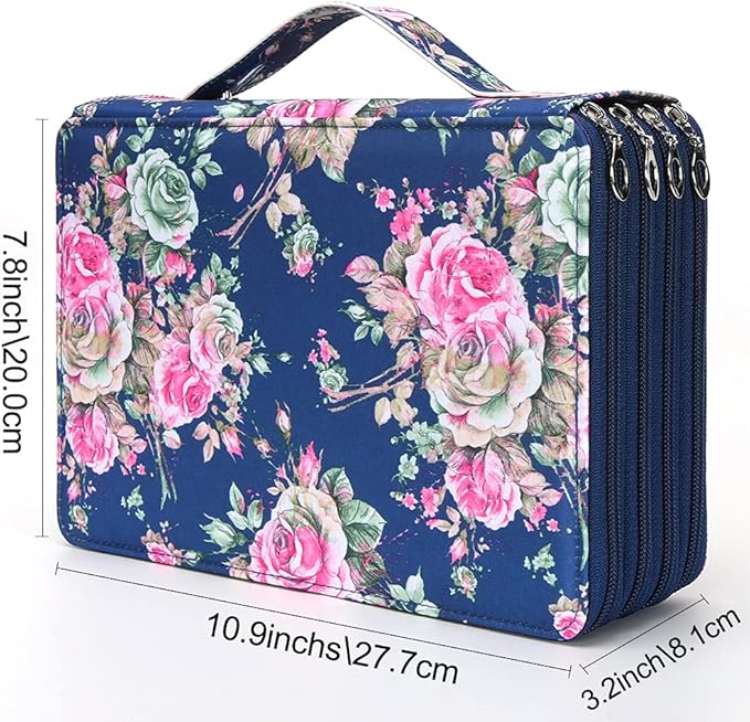 Vomgomfom Colored Pencil Case - 200 Slot Pencil Holder with Zipper Closure, Twill Fabric Large Capacity Pencil Case for Watercolor Pens or Markers, Artist Organizer (Blue Rose)