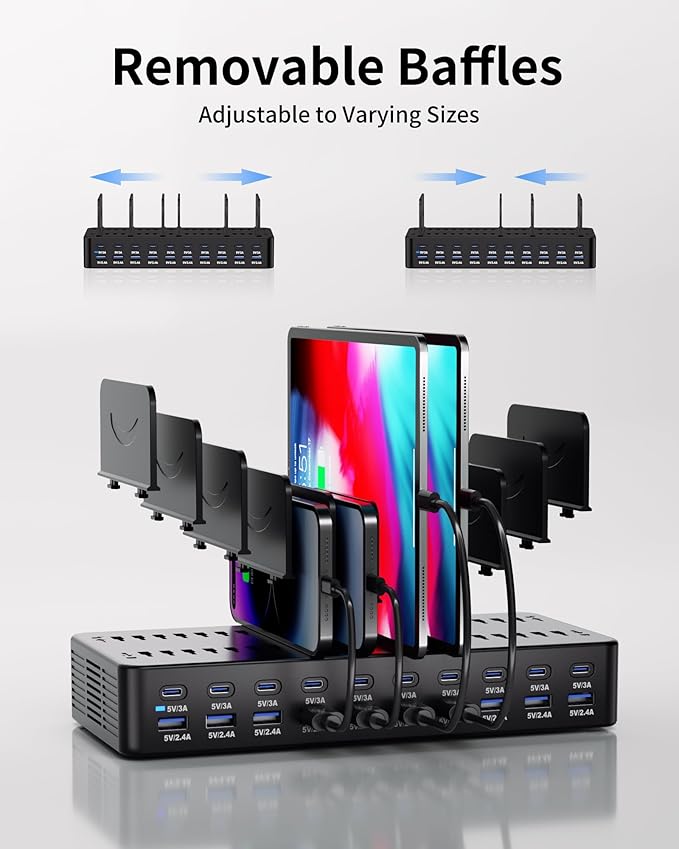 270W Charging Station for Multiple Devices, 20-Port USB Fast Charging Station with Adjustable Dividers & 10 Cables, Multi Device Organizer Charging Dock for iPhone, iPad, Tablets & More