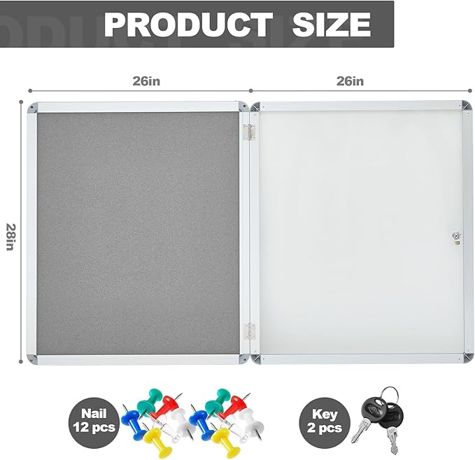 Geetery 26 x 28 Inch Enclosed Fabric Bulletin Board Tamperproof Lockable Noticeboard Fabric&Aluminium Frame Display Cases Wall-Mounted Display Case for School, Office - Secure, Durable Design(Gray)