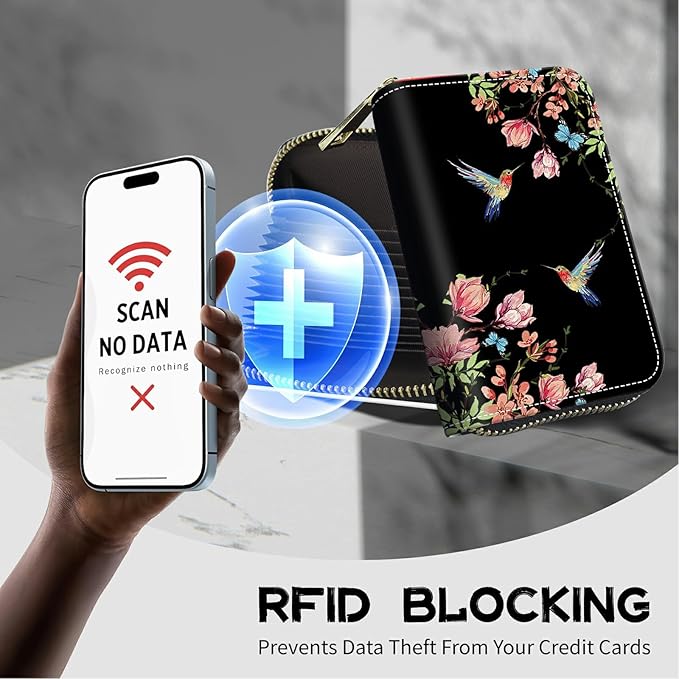 BWEGRHE Cute Credit Card Holder with Zipper, Hummingbird Floral Sakura RFID-Blocking Card Case Small Wallet for Women Men, Multi-slot Card Organizer Case Travel Accordion Wallet