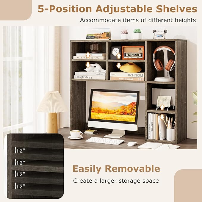 Tangkula Desktop Bookshelf, 37" Countertop Storage Hutch with 7 Cubes & 3 Adjustable Shelves, 3-Tier Desk Display Rack Organizer, Multipurpose Wood Desktop Hutch for Dorm Home Office (Grey)